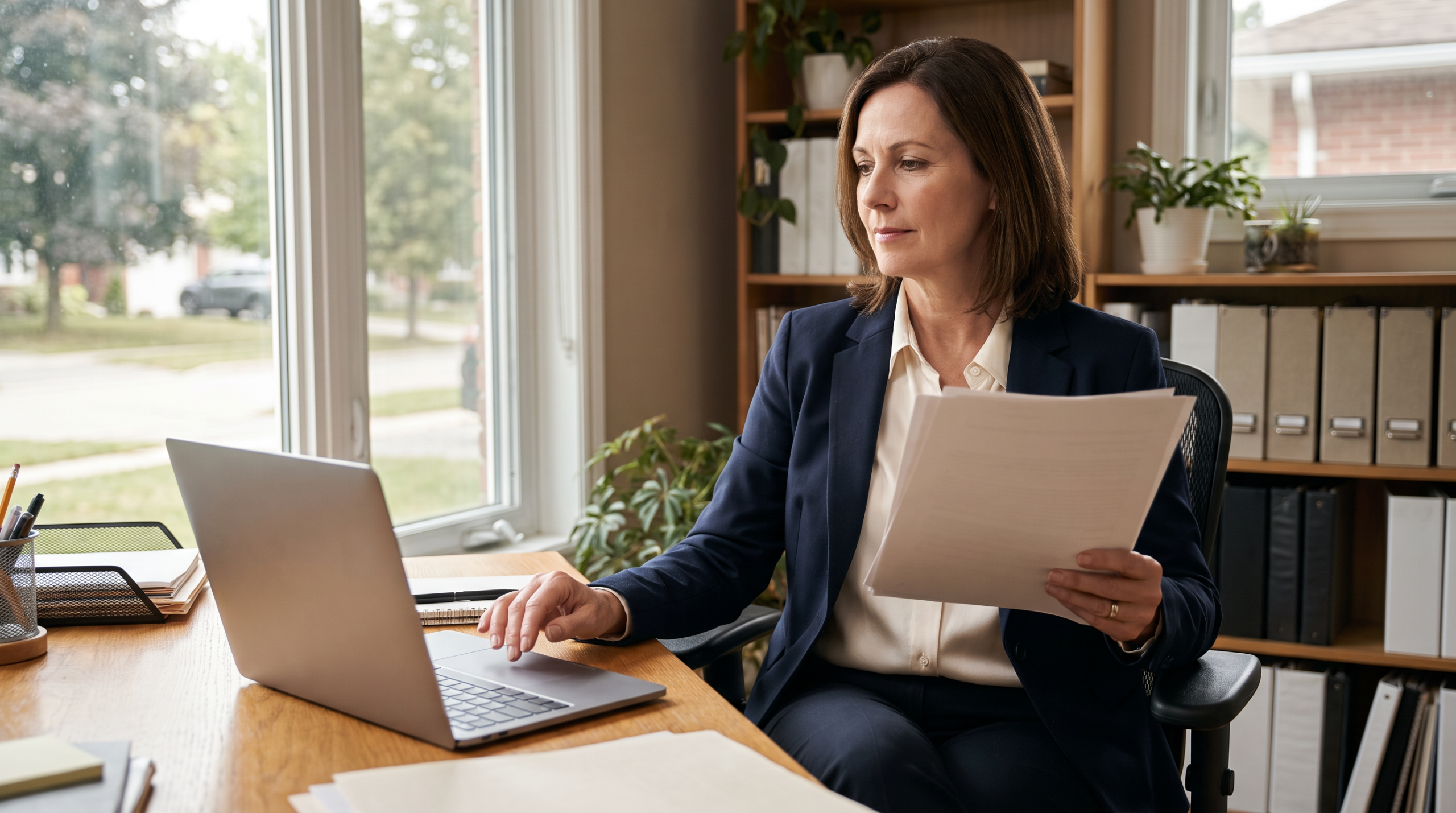 Incorporated professional reviewing pension-plan paperwork at a home office desk